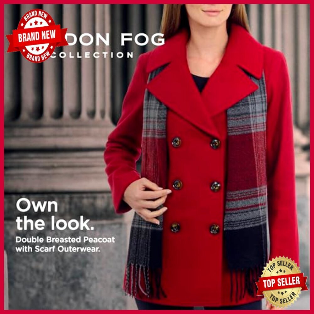 Plus Size Wool Blend Peacoat with Scarf, Double Breasted Winter Coat - Picture 3 of 6